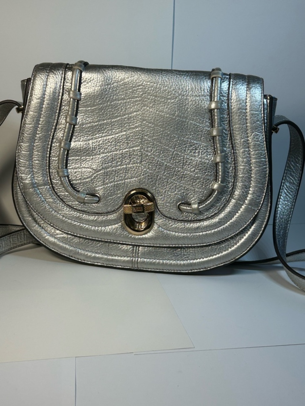 Aimee Kestenberg Silver Crossbody Saddle Bag with Turn-Lock
